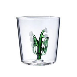 Transparent lily of the valley glass cup with a unique 3D botanical base design
