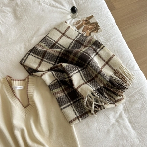 Classic plaid tassel scarf in cream and brown cashmere feel fabric, flat lay style