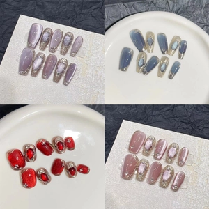 Handmade Press On Nails Cat Eye Luxury Rhinestone Glitter Metallic Edge Coffin Shape Fake Nails Long Trapezoid