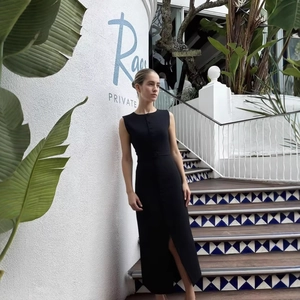 Women Sleeveless Button Down Midi Dress Polyester With Waist Belt Side Slit Elegant Office Party Wear