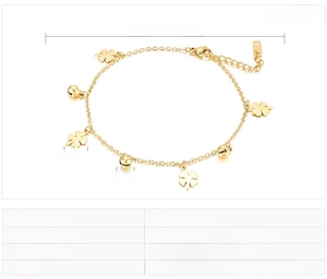 Detailed size specifications for a gold four-leaf clover and bell stainless steel anklet