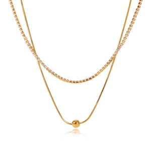 Double-layer 18K gold plated necklace with rhinestone tennis chain and snake chain pendant