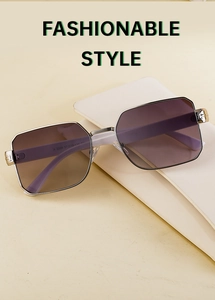 Detail view of square metal sunglasses with purple gradient lenses and model number A3304