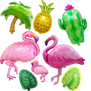 Tropical party foil balloons set featuring flamingo pineapple and coconut tree designs