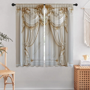 Detail view of 3D digital printed European curtains with classical gold floral patterns
