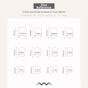 Size chart detail showing 12 precision fitting sizes for press-on gold nude nails