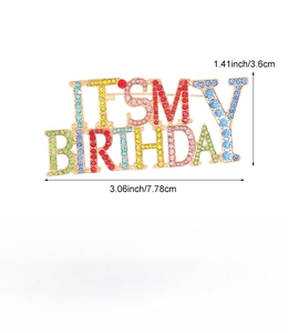 Detailed size chart for the colorful 'IT'S MY BIRTHDAY' rhinestone letter brooch