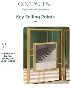 Close-up of golden iron frame showing the geometric wire structure and 4x4 photo slot
