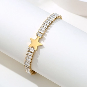 12mm gold stainless steel bracelet with star charm and rectangular zircon stones