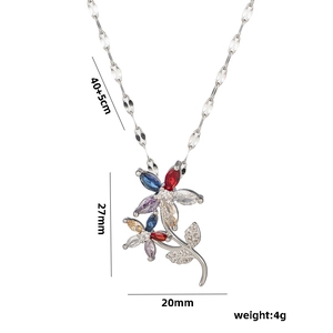 Silver flower necklace with colorful zircons on a white background, size 27x20mm