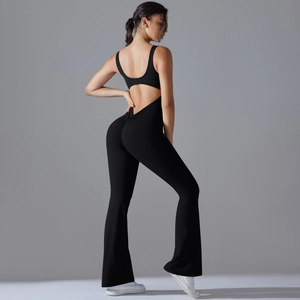 Detail of backless jumpsuit showing high-waist lifting effect and flared leg fit