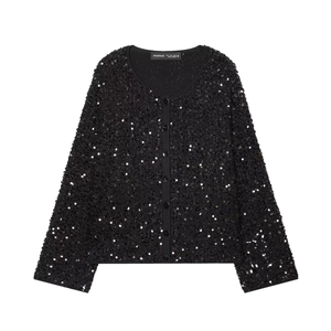 Women Sequin Cardigan Jacket Crew Neck Long Sleeve Button Down Sparkly Party Outerwear