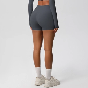 Rear view of high-waisted dark grey sports shorts showing butt-lifting effect for women