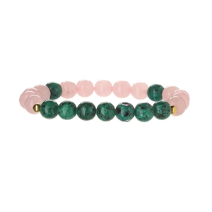 Natural amethyst and aventurine beaded bracelet with elegant gold spacers on a white background