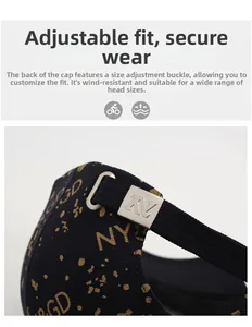 Detail of adjustable metal buckle and strap on navy baseball cap with gold embroidery
