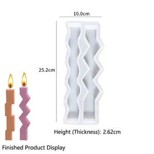 Detail view of wavy silicone candle mold showing dimensions and finished wax results