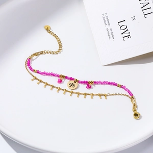 Rose red beaded and gold plated stainless steel bracelet with life tree charm and flower