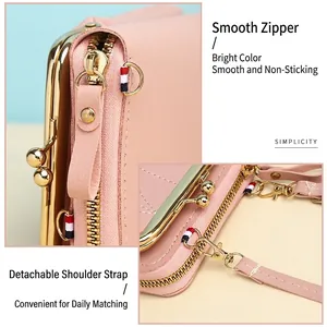 Pink PU leather multi-layer crossbody phone bag with smooth zippers and detachable strap