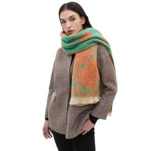 Women's orange and green floral jacquard scarf with fringe and soft bouclé yarn texture