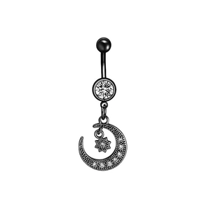 Detail of black crescent moon and star belly button ring with sparkling zircon stones