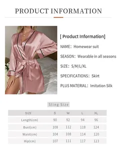 Detailed sizing chart and material info for ice silk bathrobe showing dimensions S to XL