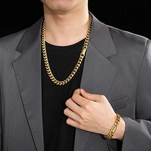 Polished 12mm golden Cuban link chain necklace and bracelet set for men in hip hop style