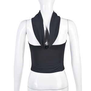 Detailed back view of a black halter crop top with ruched texture on a model
