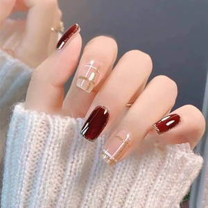 Press On Nails Short Square Round Glossy Wine Red Nude Glitter Check Pattern Artificial Fingernails For Women