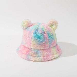 Detail shot of the rainbow faux fur texture and cute bear ears on the fuzzy bucket hat
