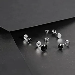 8mm stainless steel stud earrings set with black round cubic zirconia in four-claw setting
