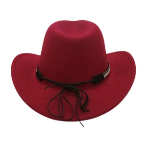 Detail of dark red wool felt cowboy hat with black leather band and metal rivets