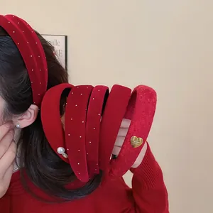 Vintage Red Velvet Tweed Headband Rhinestone Artificial Pearl Heart Charm Elegant Padded High Skull Top Hair Hoop Accessory Women