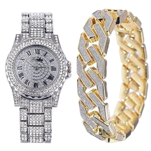 Men's luxury silver rhinestone quartz watch and gold diamond bracelet gift set