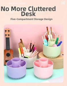 Rotating desk organizer with 5-compartment layout for stationery and makeup brushes