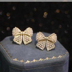 Bowknot Stud Earrings With Faux Artificial Pearl Zircon Gold Plated Luxury Palace Style For Women 925 Sterling Silver Earring Post