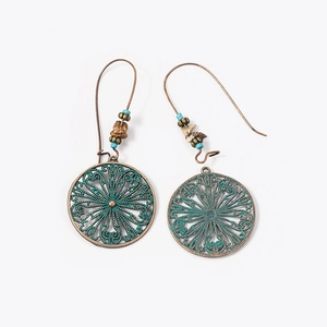 Bohemian retro hollow pattern earrings with turquoise beads and antique bronze finish