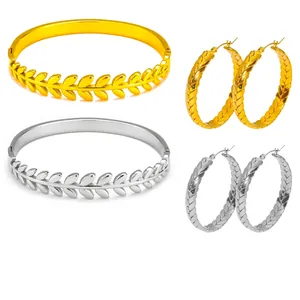 Fashion Stainless Steel Leaf Wheat Ear Bangle And Hoop Earrings Jewelry Set 18K Gold Plated For Women Personalized Gift