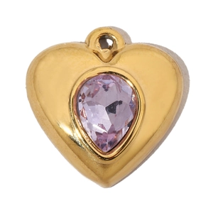 Detailed close-up of a gold heart pendant with a lavender teardrop gemstone setting