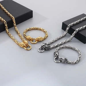 Hip hop men's stainless steel lion head byzantine chain jewelry set in gold and silver