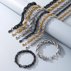 Polished stainless steel twist chain necklaces and bracelets in gold, silver, and black finish