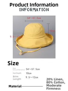 Detailed chart showing linen-cotton sun hat dimensions and adjustable windproof rope features
