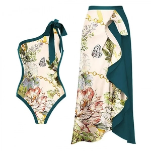 Bikini deux pièces avec haut à volant asymétrique et jupe portefeuille à imprimé fleuri