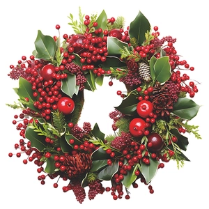 Détail d'une couronne de Noël avec baies rouges, pommes de pin et feuillage sur fond blanc
