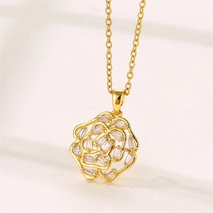 18K gold-plated hollow rose pendant necklace with rectangular zircon stones on beige background