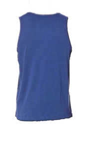 Rear view of deep blue men's athletic tank top in breathable cotton knit fabric