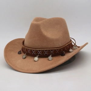 Ethnic felt fedora cowboy hat in khaki with silver coin accessories and embroidery