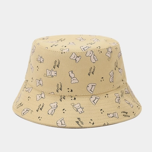 UV protection reversible sun hat with beige cartoon bear print and Hello Bear text