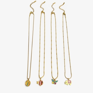 Gold stainless steel necklaces set with colorful enamel shell fish butterfly and elephant charms