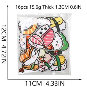 16-piece set of Japanese sushi cartoon embroidery patches including salmon and shrimp