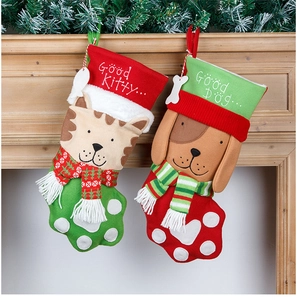 Detailed plush cat and dog Christmas stockings with embroidered Good Kitty and Good Dog text